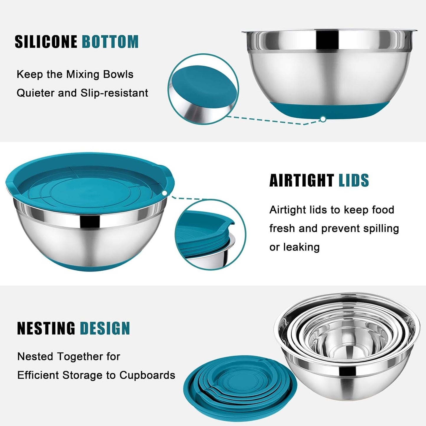 P&P CHEF Mixing Bowl with Lid Set, 5 Piece Stainless Steel Mixing Nesting Bowls for Salad Storage, 3 Grater Attachments & Non-Slip Bottoms, Size 1/1.5/2 / 2.6/4.6 QT, Black