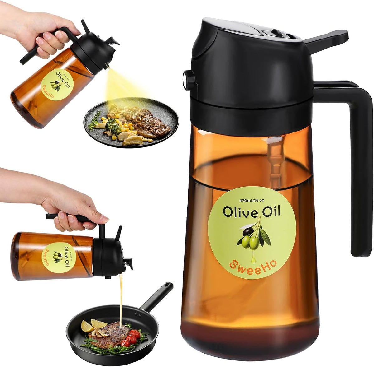 Oil Sprayer for Cooking,470ml Cooking Olive Oil Sprayer and Oil Dispenser 2 In 1, Food-grade Glass Oil Spray Bottle Mister for Air Fryer, BBQ, Griddle (Black+dark green glass and color label)