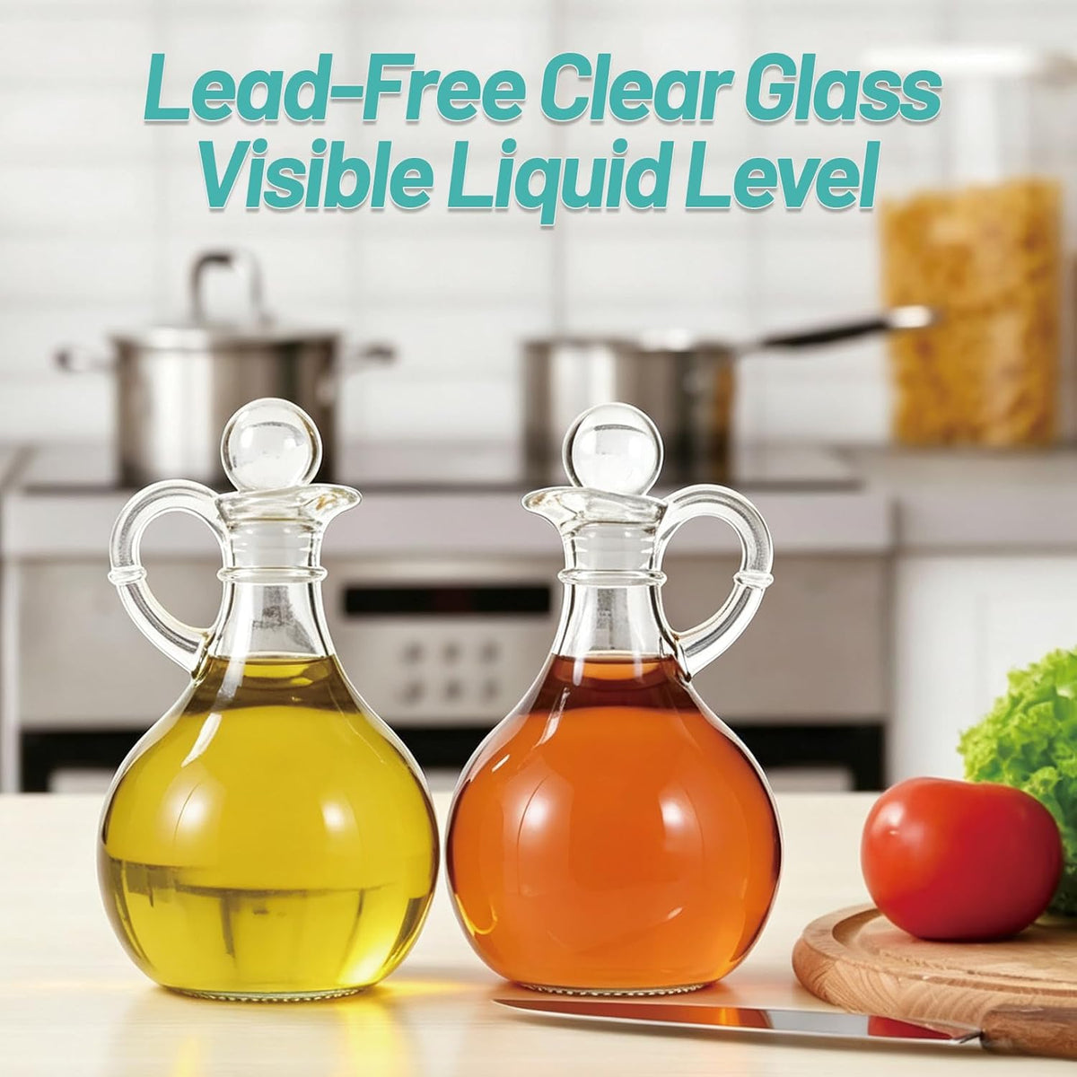 Oil and Vinegar Cruet Set of 2, Glass Oil and Vinegar Dispenser with Airtight Stopper, Glass Condiment Container for Homemade Oil, Salad Dressing
