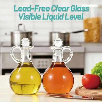 Oil and Vinegar Cruet Set of 2, Glass Oil and Vinegar Dispenser with Airtight Stopper, Glass Condiment Container for Homemade Oil, Salad Dressing