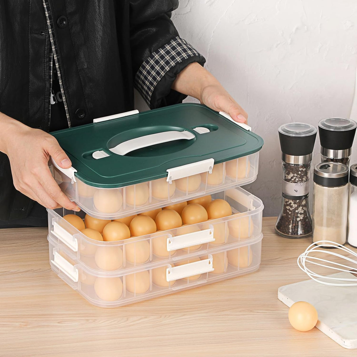 BTSKY Deviled Egg Platter with Lid, 3-Layer 54 Slots Deviled Eggs Carrier, Clear Portable Egg Holder for Fridge Reusable Deviled Eggs Tray Carton Box for Easter and Party Favor (3-Layer, Orange)