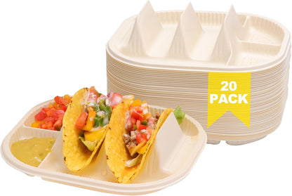 Small Disposable Taco Plates With Dipping Sides - 50 Pack, Biodegradable Cornstarch Taco Holder, Mini Size Fit 4-6 Inch Street Tortilla Shells, Sturdy & Microwave Safe, Bar Serving Set For A Party