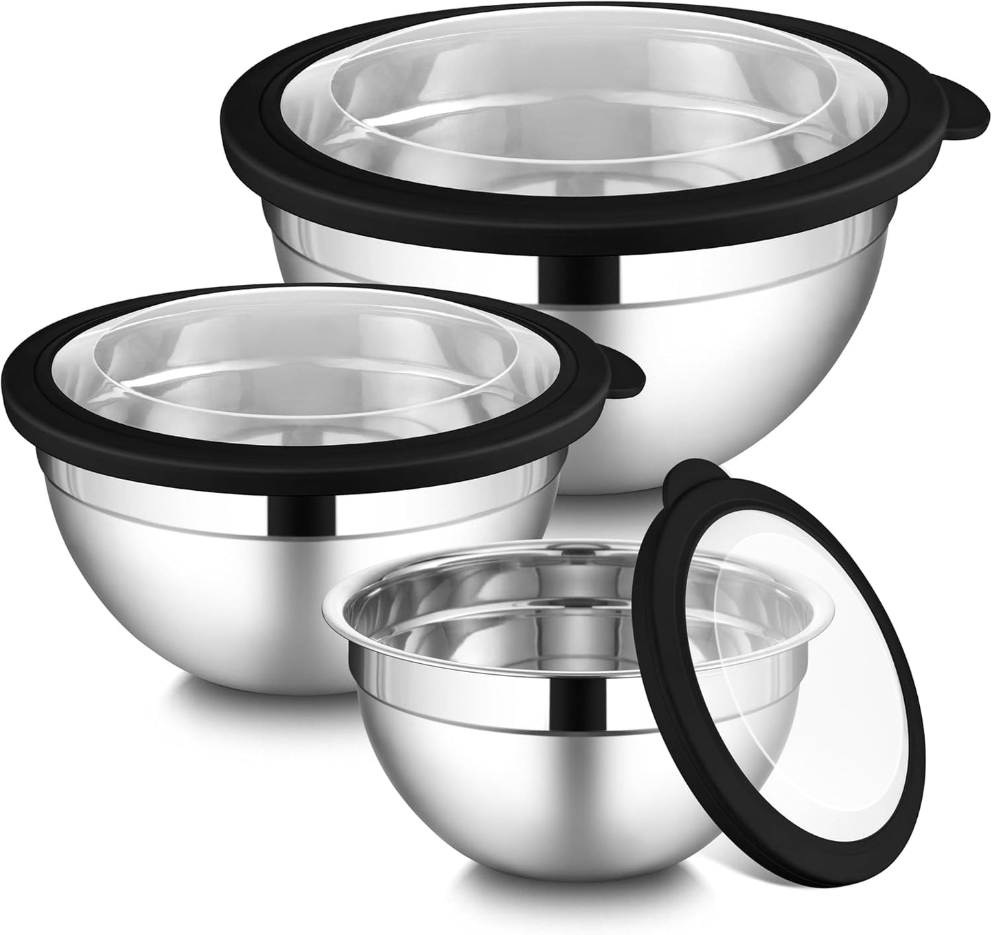 LIANYU Mixing Bowls with Airtight Lids Sets, 3 Packs Stainless Steel Metal Mixing Bowls, Ideal for Prepping, Cooking, Storage, Serving, Freezer & Dishwasher Safe, Khaki