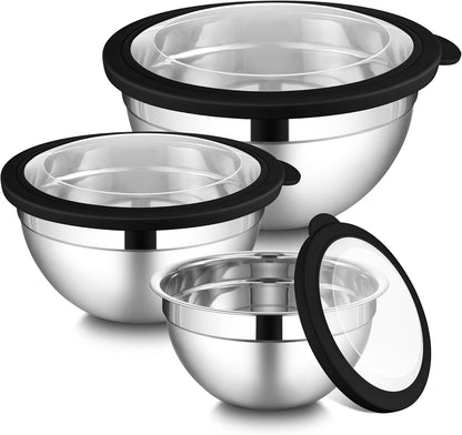 LIANYU Mixing Bowls with Airtight Lids Sets, 3 Packs Stainless Steel Metal Mixing Bowls, Ideal for Prepping, Cooking, Storage, Serving, Freezer & Dishwasher Safe, Khaki