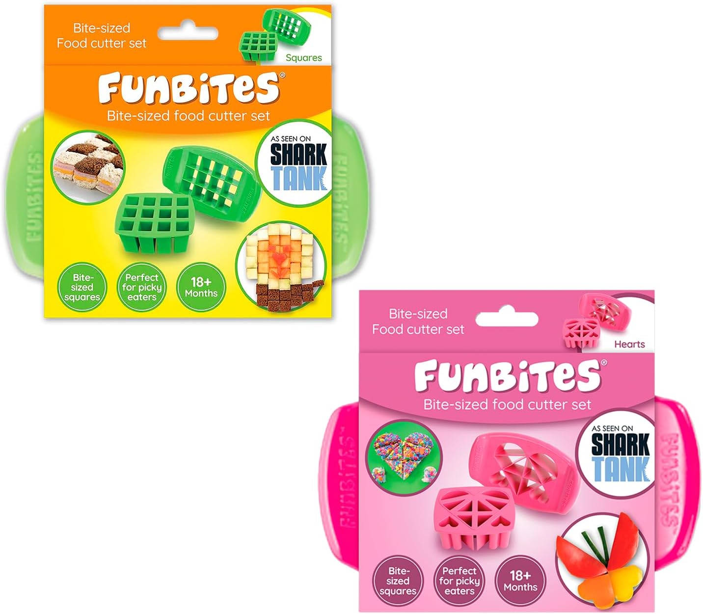 FUNBITES Crustless Sandwich Cutter for Kids Lunch, Uncrustable Sandwich Cutter (6-piece set), Bite-Size Food Cutter for Toddlers, Bento Box Accessories, Dishwasher Safe, Squares/Hearts/Triangles 3pk