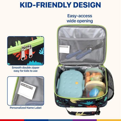 Bagseri Kids Lunch Bag Boys - Thermal Insulated Lunch Box Tote with Water Bottle Holder, Reusable Leak-Proof Kids Lunch Box for Daycare & School, Black Dinosaur (Containers Not Included)