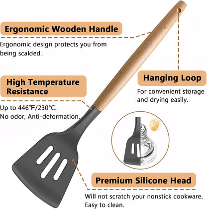 Kitchen Cooking Utensils Set, 6Pcs Silicone Kitchen Utensils Set Spatula Spoon Soup Ladle Turner, Heat Resistant Wooden Handle Silicone Cooking Gadgets for Nonstick Cookware & Baking BPA FREE