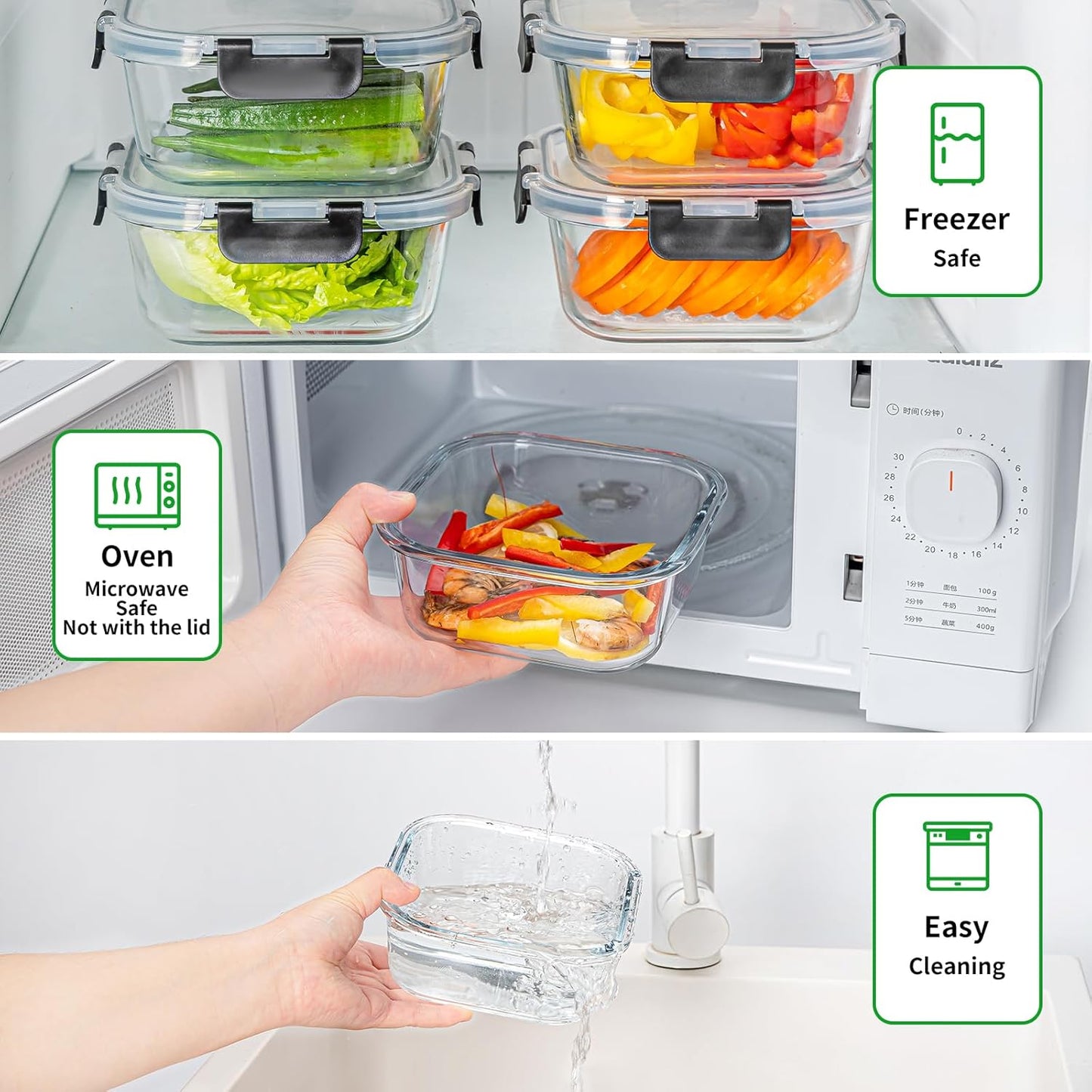 27 oz Glass Food Storage Containers with lids, 4 Pack Square Sandwich Containers/Box for Meal Prep, 3.3 Cup Glass Meal Prep Containers, Microwave, Oven, Freezer and Dishwasher, BPA-free