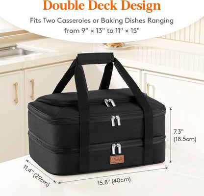 Lifewit Double Decker Casserole Carrier for Hot and Cold Food, Insulated Casserole Dish Carrier Carrying Case with Tool Room, Thermal Bag for Potluck Parties Cookouts Fits 9"×13" Baking Dish, Black