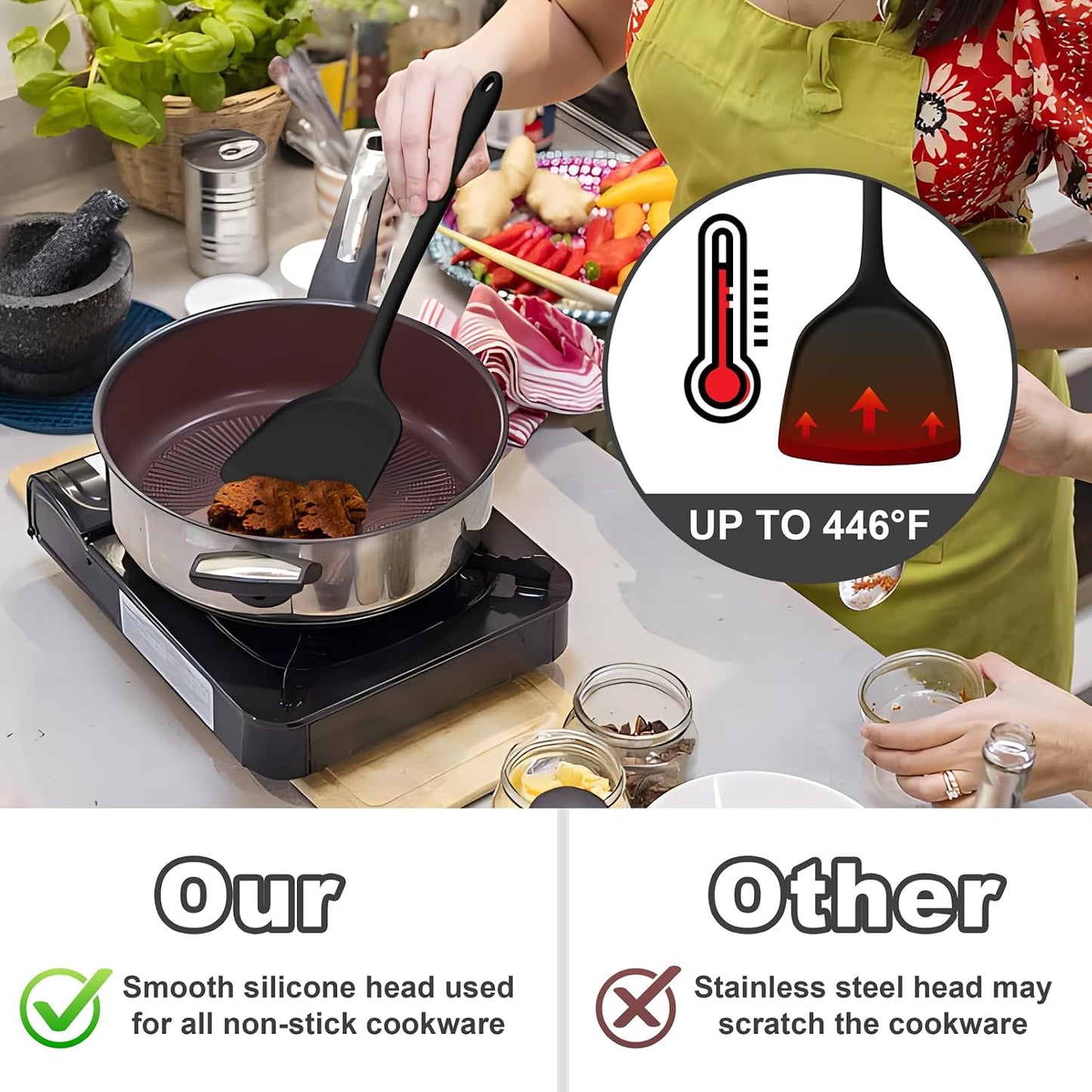 TeamFar Silicone Cooking Utensils, 4pcs Kitchen Utensils Set with Silicone Spatulas & Spoons, Heat-Resistant Solid & Slotted Cooking Spoons Turners for Non-stick Cookware, Dishwasher Safe, Black