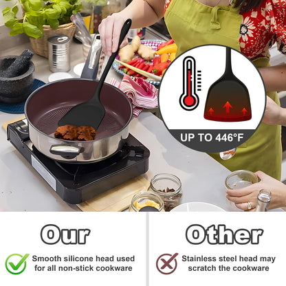 TeamFar Silicone Cooking Utensils Set, 5-Piece Heat Resistant Kitchen Utensils Set, Nonstick Slotted Solid Spoon Turner Pasta Server for Frying, Serving, Mixing, Non-Toxic & Dishwasher Safe, Black