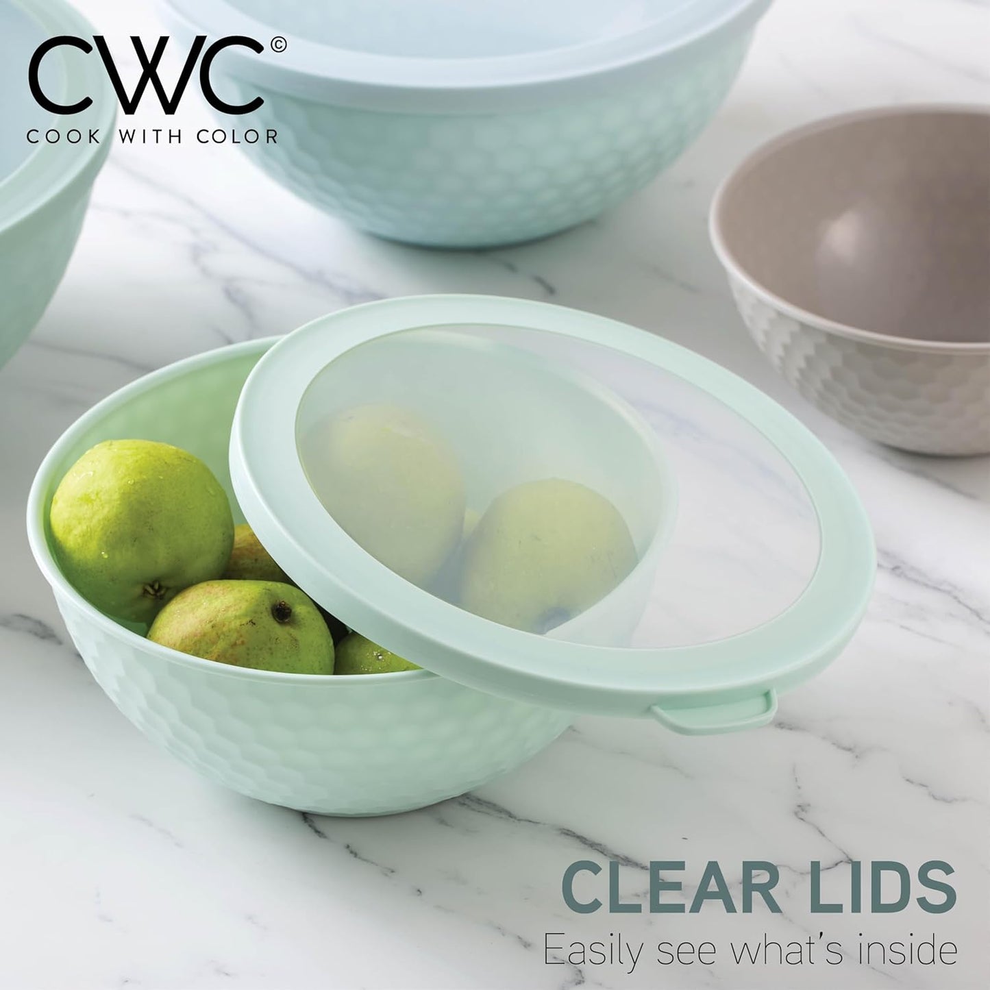 COOK WITH COLOR Mixing Bowls with Lids - 12 Piece Plastic Nesting Bowls Set includes 6 Prep Bowls and 6 Lids, Microwave Safe Mixing Bowl Set, Pink Embossed - Colors A