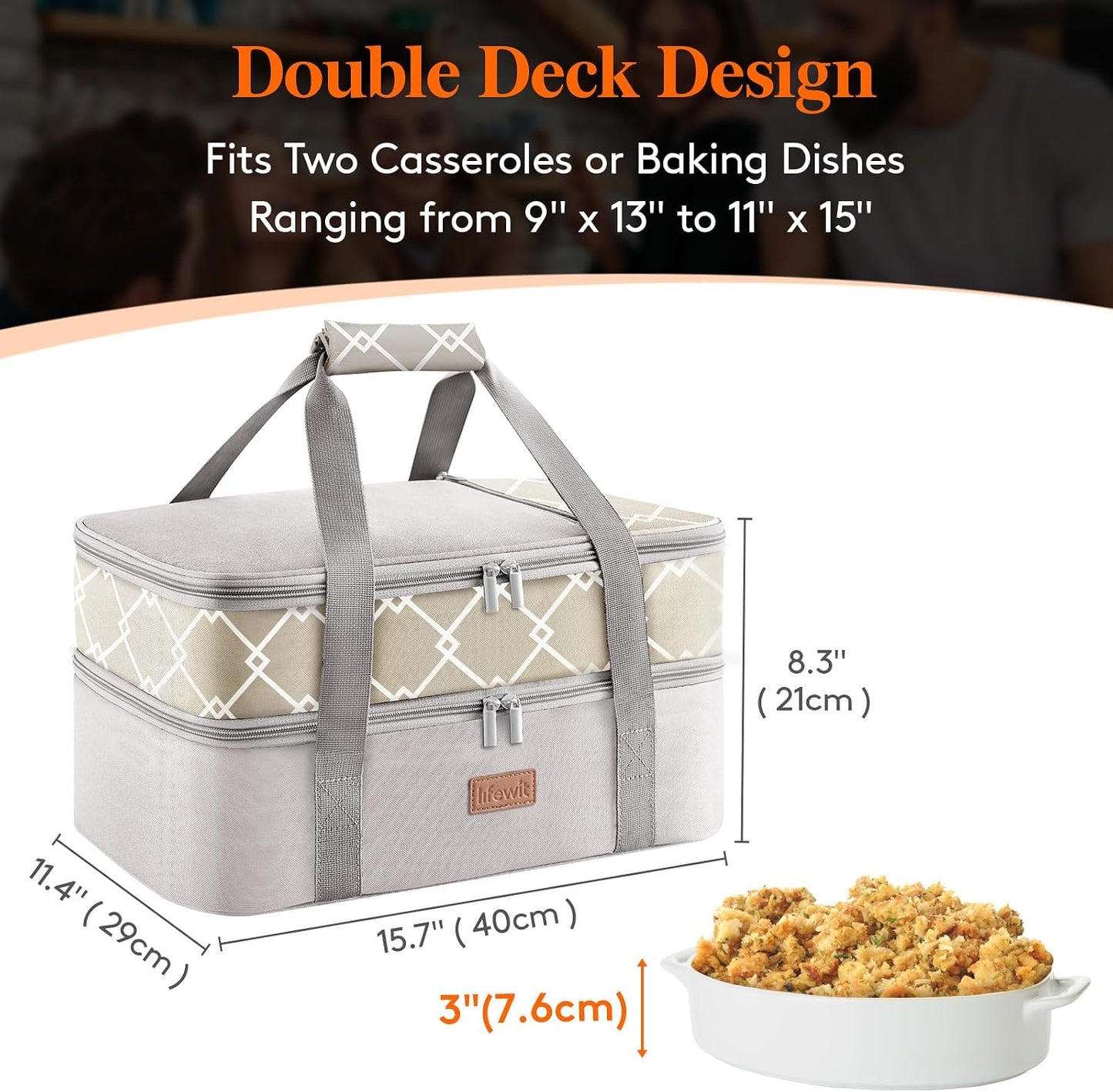 Lifewit Insulated Single Decker Casserole Carrier, Lasagna Lugger Holder for Hot or Cold Food, Fits 9" x 13" Baking Dish, Thermal Lunch Tote Bag for Potluck Parties, Picnic and Cookouts, Grey
