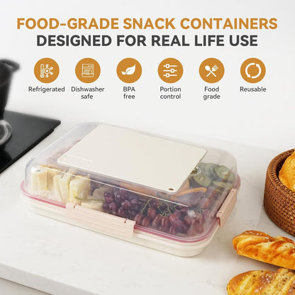 Food Storage Container with Cutting Board Lid, Snack Tray with Ice Pack Compartment & Removable Divider (Cream)