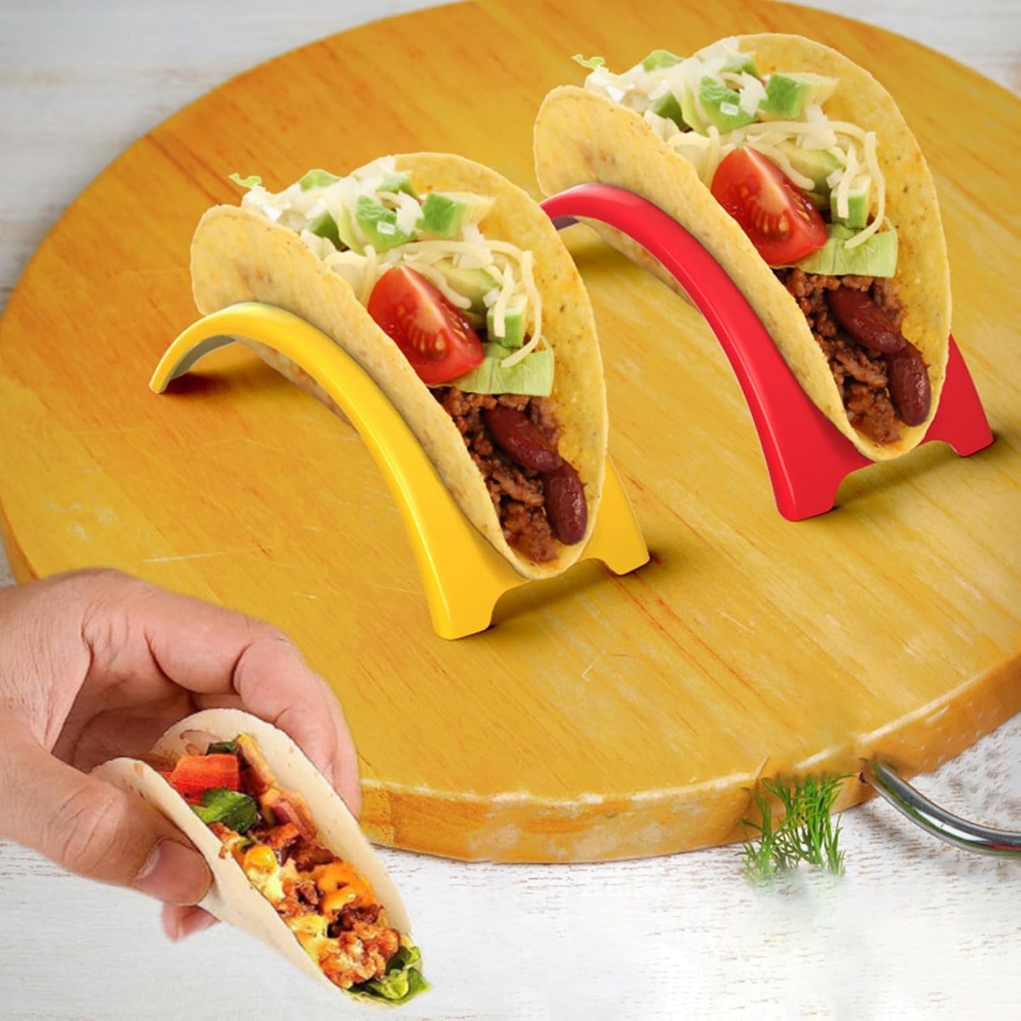 Taco Holder Stand, 6/12Pcs Taco Tray Plates Racks Stackable Colorful Taco Bar Serving Set, Fondue Pot for Burritos, Nachos, and Fajitas Yellow 6pcs