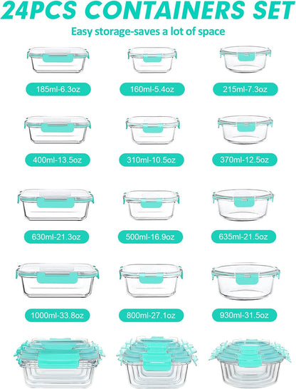 VERONES 12 Packs Glass Food Storage Containers Set, Airtight Glass Lunch Containers, Glass Meal Prep Containers with Lids,Exclusive of BPA, for Microwave, Oven, Freezer & Dishwasher Friendly,Grey