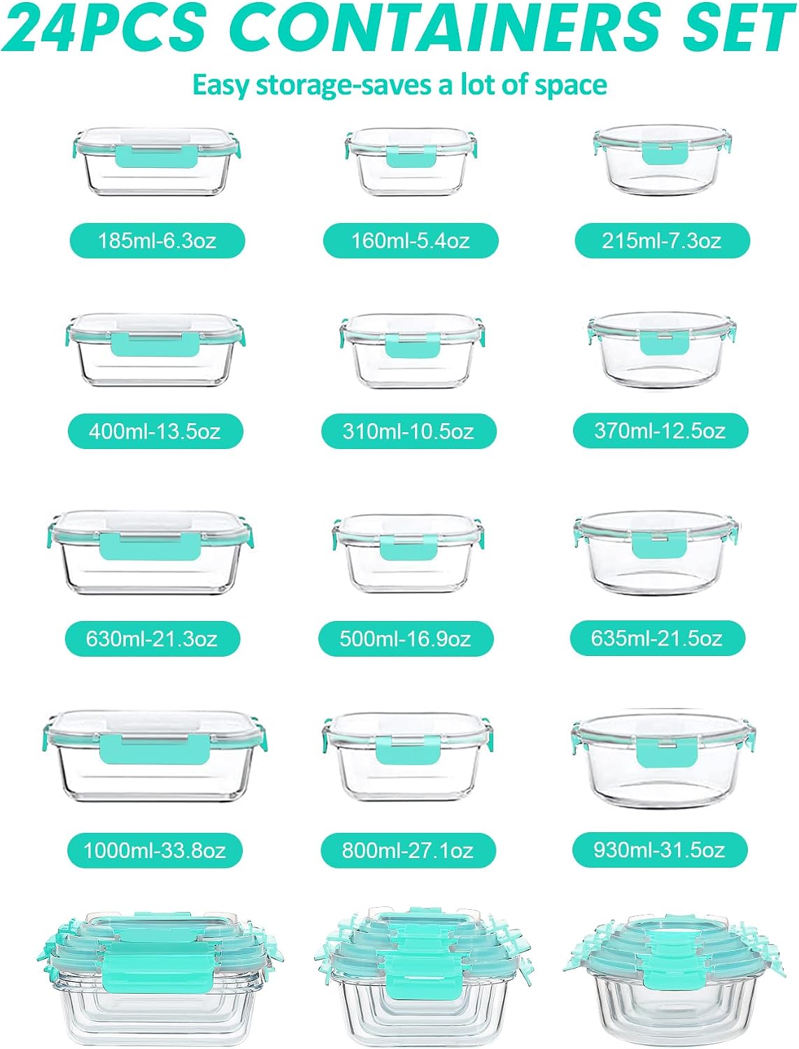 VERONES 30 Pieces Glass Meal Prep Containers Set, Stackable Glass Food Storage Containers with Lids-Airtight Lunch Containers，for Microwave, Oven, Freezer & Dishwasher,Grey
