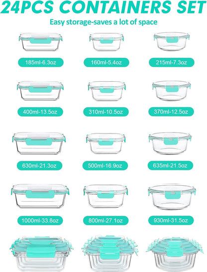 VERONES 30 Pieces Glass Meal Prep Containers Set, Stackable Glass Food Storage Containers with Lids-Airtight Lunch Containers，for Microwave, Oven, Freezer & Dishwasher,Grey