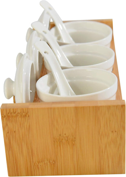 Home-X Bamboo and Ceramic Condiment Tray - Ideal Serving Dish for Hosting Entertaining, Party Essential, Taco Bar, Includes Dip Bowls, Spoons, Lids and Serving Platter, Salsa, Chips, Veggies, Fruits