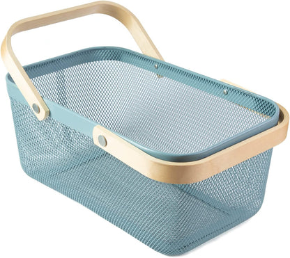 Portable Garden Harvest Basket-Mesh Design Natural Bamboo Handle Wire Storage Baskets,Mesh Basket with Handle Organize Items Reduce Space Occupation,Suitable for Kitchen,Garden,Picnic(Black)