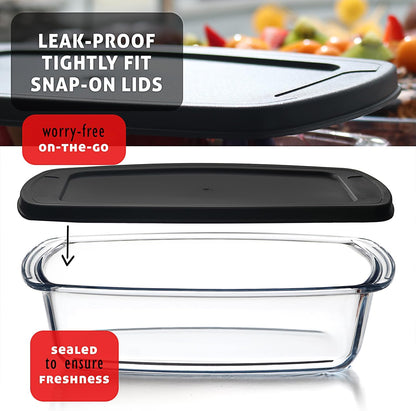 EATEX Glass Bread Pans for Homemade Bread Baking, 1.9 Quart Deep Rectangular Glass Food Storage Containers with Lids, 3 Bread Loaf Pans 3 Airtight Lids Black Microwave Oven & Freezer Safe