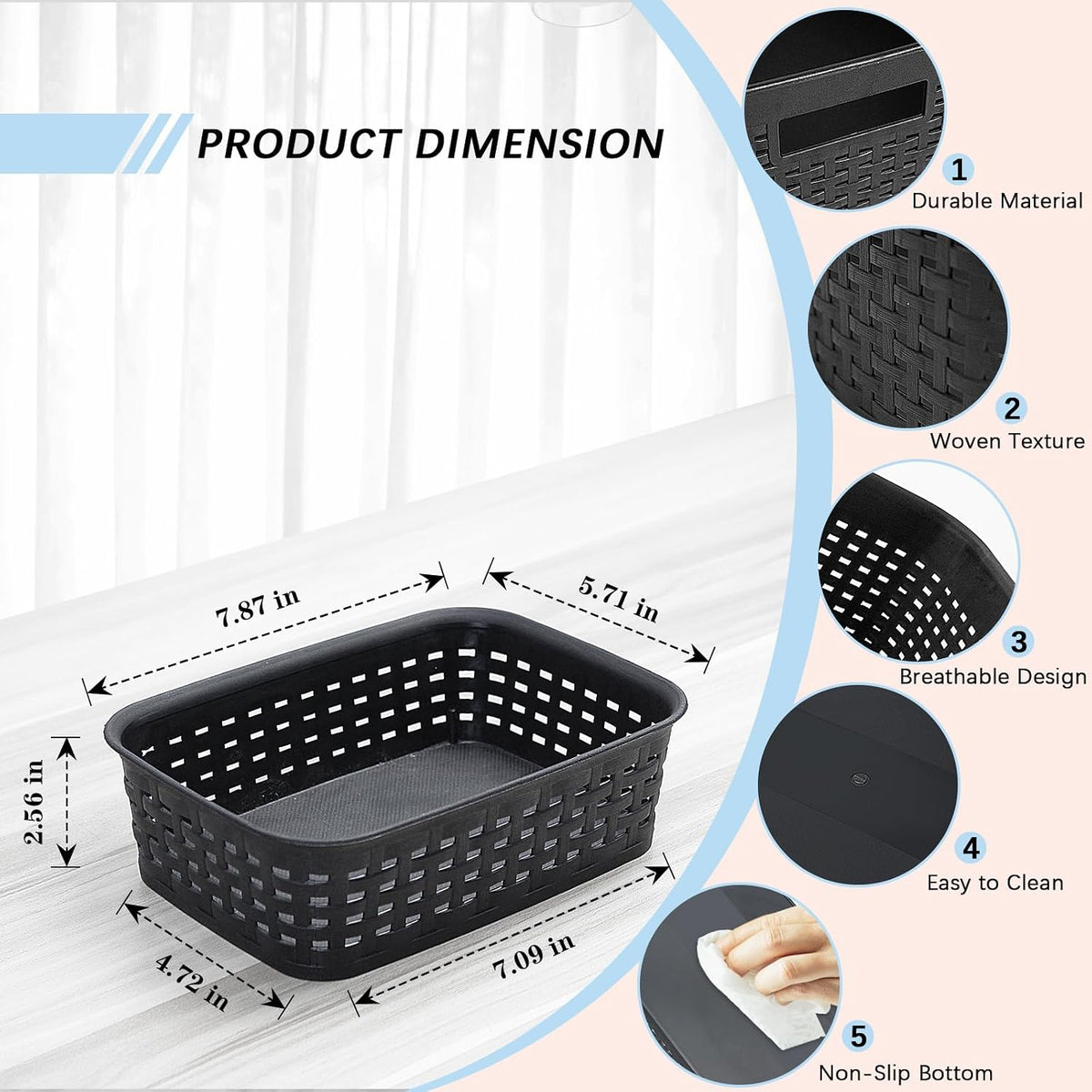 Soddeph Plastic Storage Baskets for Cabinets, Household Pantry Organization with Handle,Organizer Bins for Room,Bathrooms,Under-Sink,Kitchen (Black, L-3PACK)