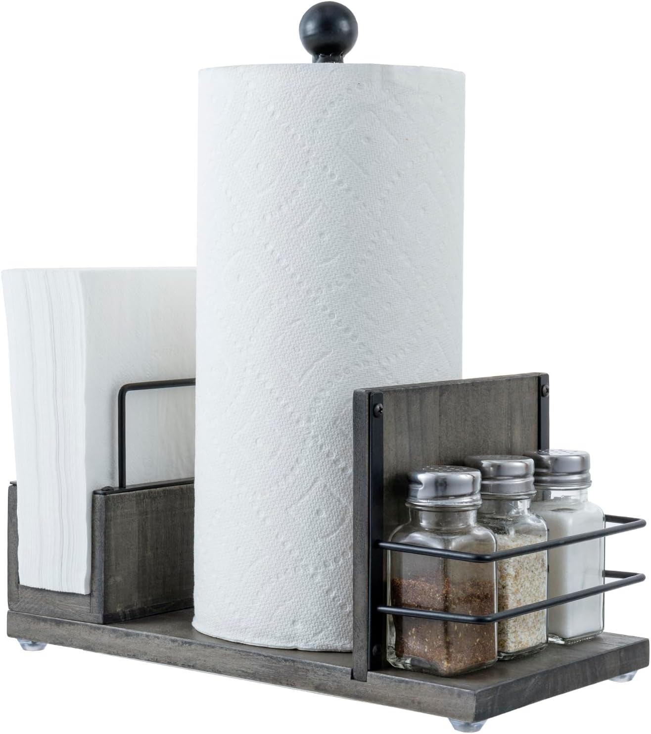 MyGift Rustic Burnt Solid Wood and Industrial Matte Black Metal Dining Combination Caddy with Paper Towel Roll Dispenser Stand, Napkin Holder, and Spice Rack