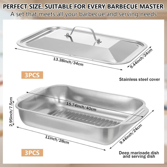 3 Pack Grilling Prep and Serve Trays Stainless Steel Grill Tray with Lid Grill Carry System for Large Capacity Food Prep Marinating Serving BBQ and Cooking Grilling Accessories Gifts for Men