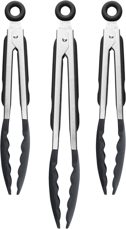 Tovolo Stainless Steel Tongs with Silicone Tips Set of 3 Mini 7” 9” 12 Inch with Easy Lock Mechanism for Cooking Grilling Air Fryer Serving, Red Black Charcoal Gray Heat Resistant Kitchen Tongs