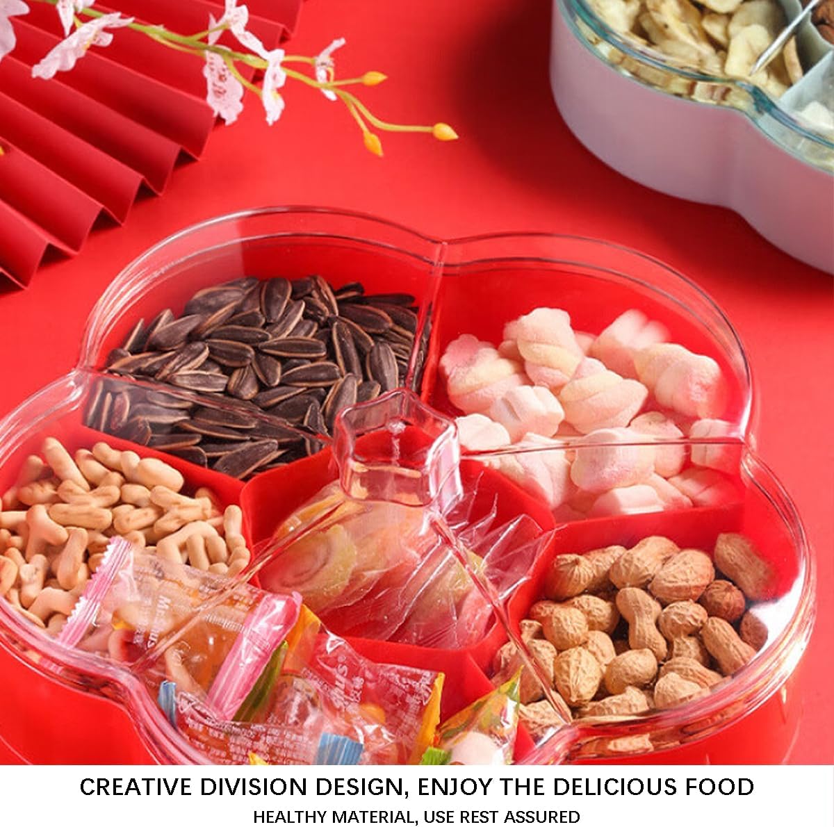 DOERDO Plastic Serving Trays with Lid 6 Compartment Food Storage Candy Organizer, Veggie Tray for Snack and Fruit, Red, 9.8x2.6Inch