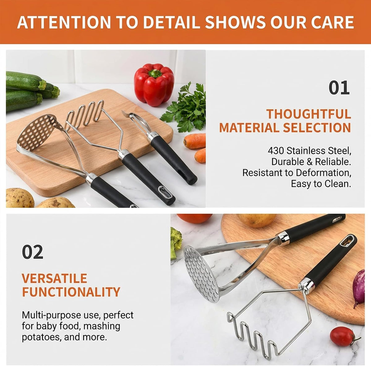 3-Piece Potato Masher & Peeler Set – 2 Stainless Steel Food Mashers + 1 Sharp Vegetable Peeler, Non-Slip Handles for Mashing Potatoes, Avocado, Beans, Veggies & Fruit, Easy to Clean & Dishwasher Safe