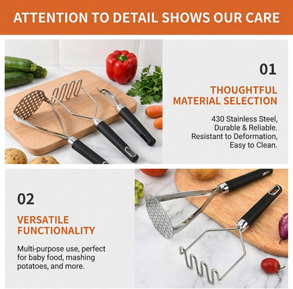 3-Piece Potato Masher & Peeler Set – 2 Stainless Steel Food Mashers + 1 Sharp Vegetable Peeler, Non-Slip Handles for Mashing Potatoes, Avocado, Beans, Veggies & Fruit, Easy to Clean & Dishwasher Safe