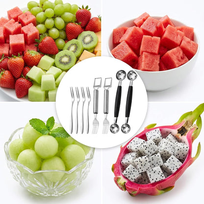 8PCS Melon Baller Scoop Set, Watermelon Slicer Cutter Tool with Fruit Fork, Stainless Steel Kitchen Utensil Set for Fruit Preparation, Includes 4 Fruit Forks and 4 Watermelon Slicers