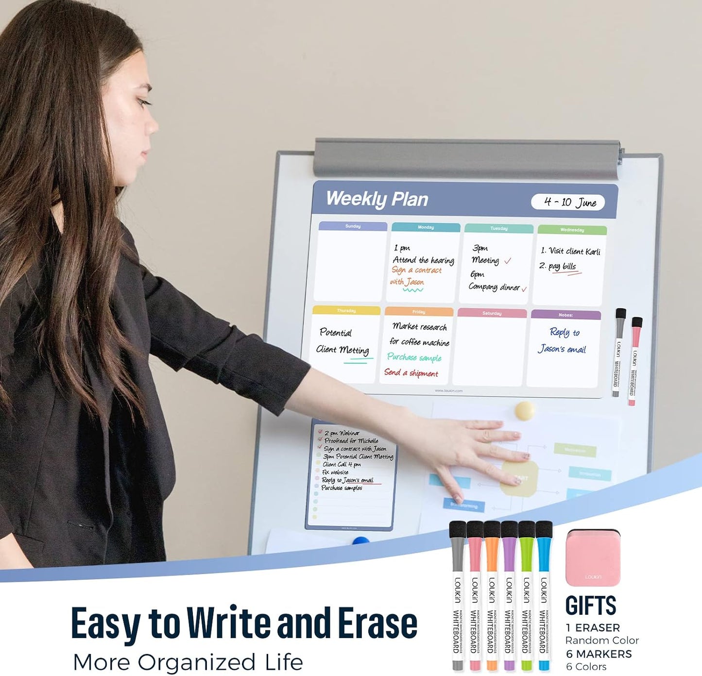 loukin Dry Erase Checklists 4 Pack, Electrostatic Clings to Any Shiny Surface, 7.9"×5.9" Whiteboard Shopping List, Reusable to do List for Office, Classroom, Refrigerator, 6 Markers&1 Eraser Included