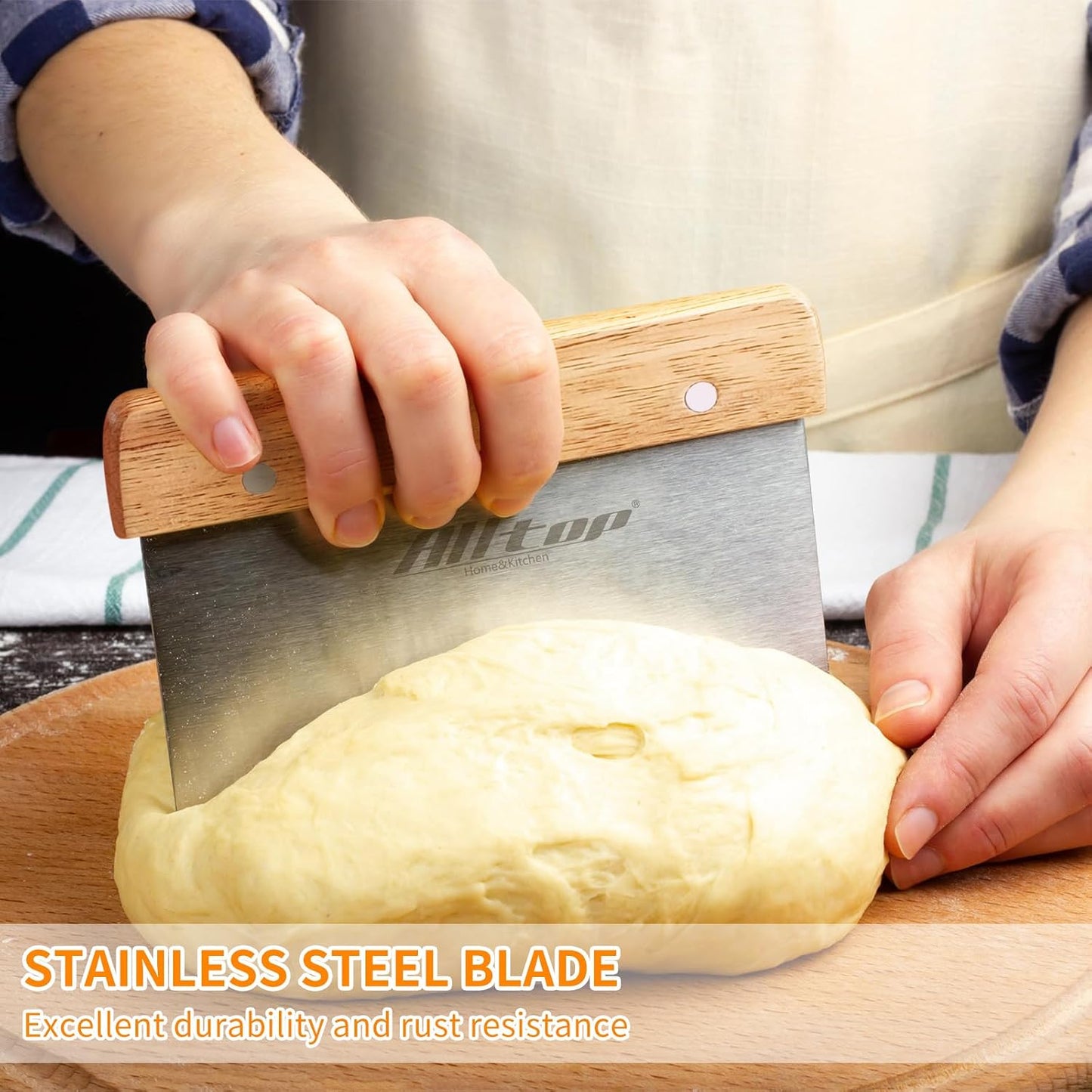 ALLTOP Dough Cutter – Premium Stainless Steel Food Scraper for Bread and Pastry – Bench Scraper with Ergonomic Wooden Handle – Multipurpose Kitchen Tool