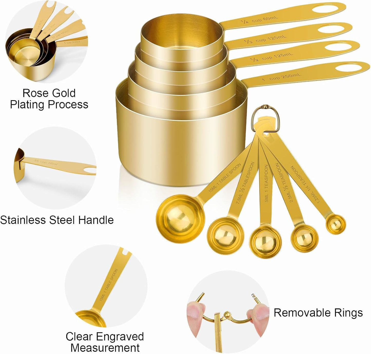 GuDoQi 9pcs 304 Stainless Steel Measuring Cups & Spoons, Stackable Long Handle Fits Narrow Jars, Golden Finish, Metric & US Measures for Dry/Liquid Ingredients, Rust-Proof for Baking & Cooking