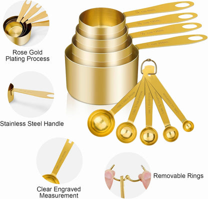 GuDoQi 9pcs 304 Stainless Steel Measuring Cups & Spoons, Stackable Long Handle Fits Narrow Jars, Golden Finish, Metric & US Measures for Dry/Liquid Ingredients, Rust-Proof for Baking & Cooking