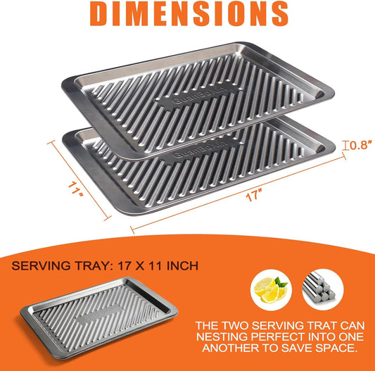 Grilling Prep and Serve Trays, Set of 2 Stackable Stainless Steel BBQ Trays, Deep Marinating Container, Serving Platter for Plating Food, BBQ Prep Tub for Marinating Meats, Grill Accessories