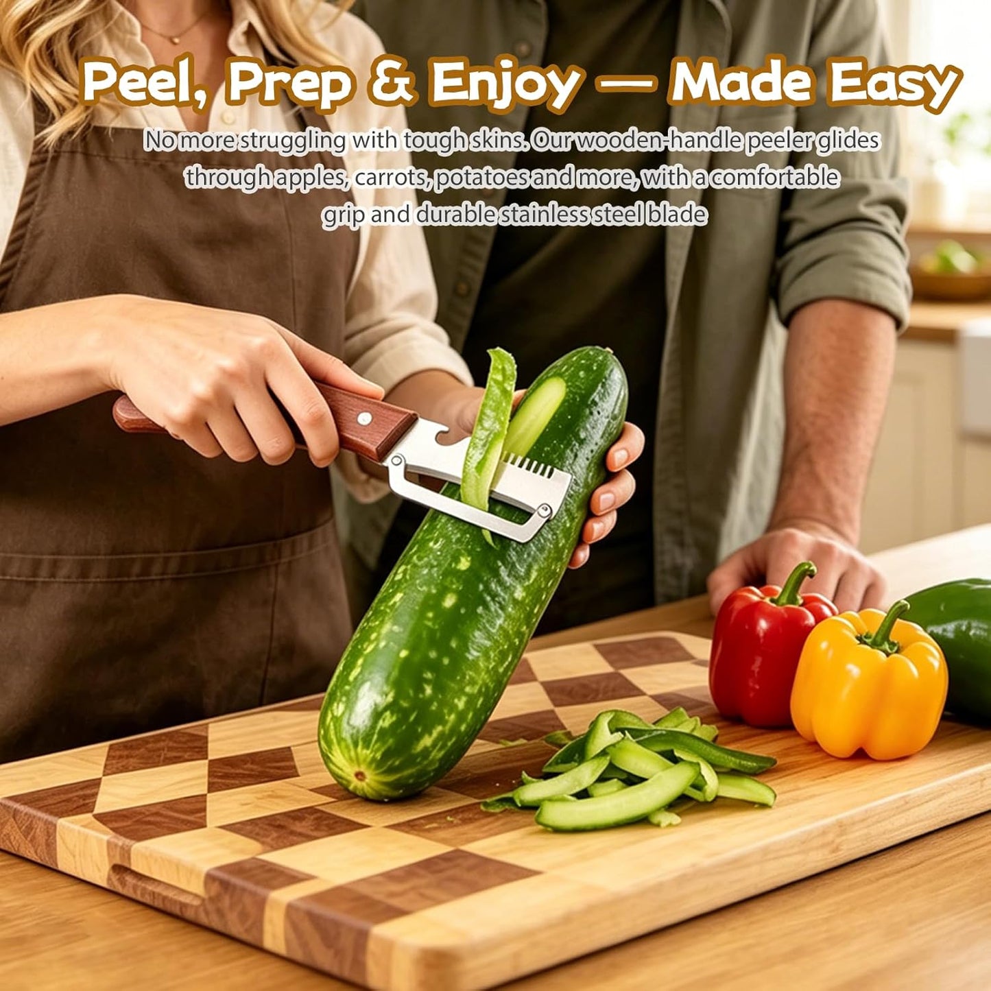 Multifunctional Vegetable Peeler, 2PCS Premium Vegetable Peeler with Wooden Handle and Bottle Opener, 3-In-1 Stainless Steel Kitchen Tool, for Fruit Veggie Peeling and Shredding Scallions (0A)