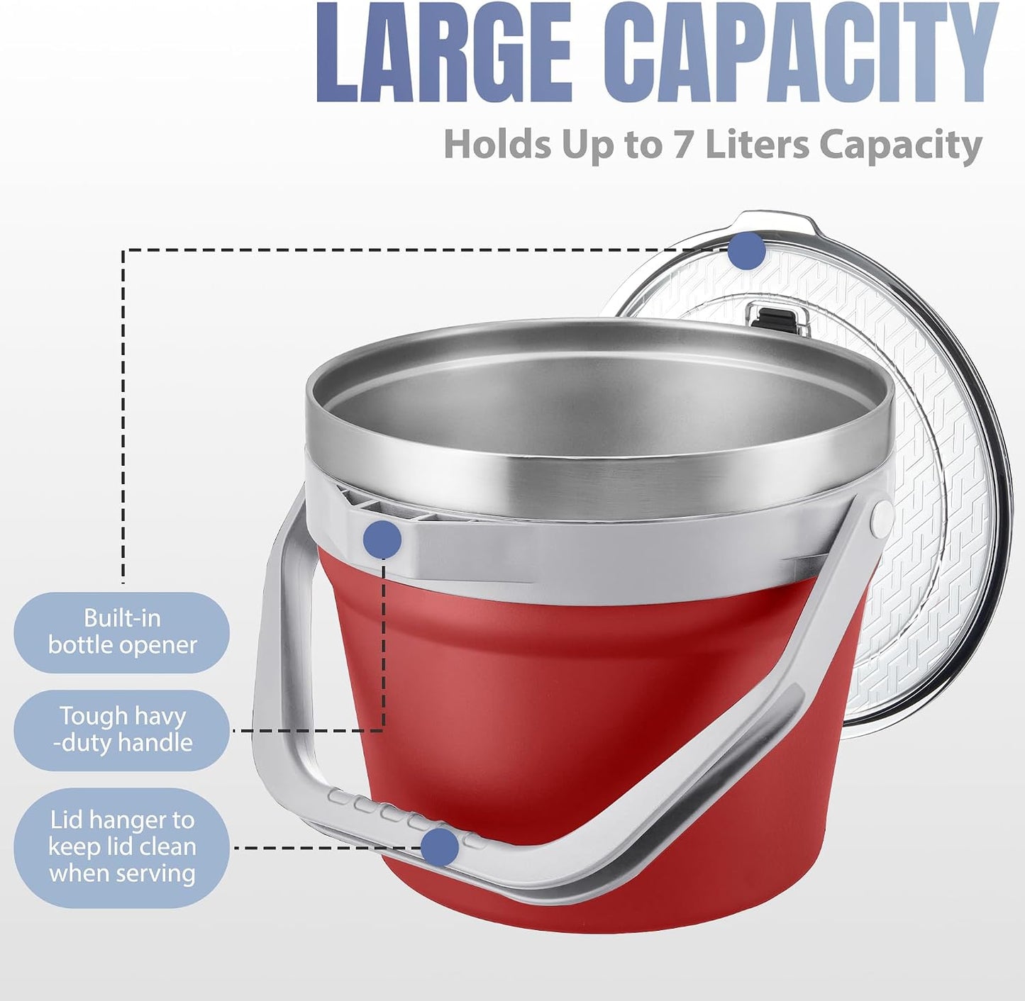 COKTIK 7L Vacuum Insulated Ice Bucket with Lid and Scoop& Tongs，Large capacity Stainless Steel Beverage Bucket for Cocktail, Champagne, Wine, Beer，Large Parties（Milk White Suit）