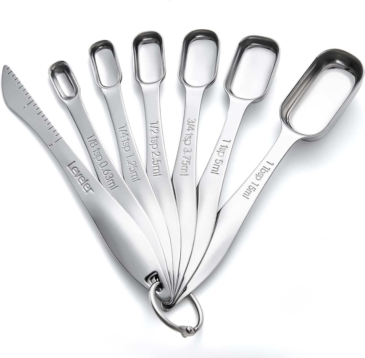 Rainspire Heavy Duty Measuring Spoons Set Stainless Steel, Metal Measuring Cups and Spoons Set for Dry or Liquid, Fits in Spice Jar, Home Gadgets Kitchen Gadgets, Set of 7 Including Leveler