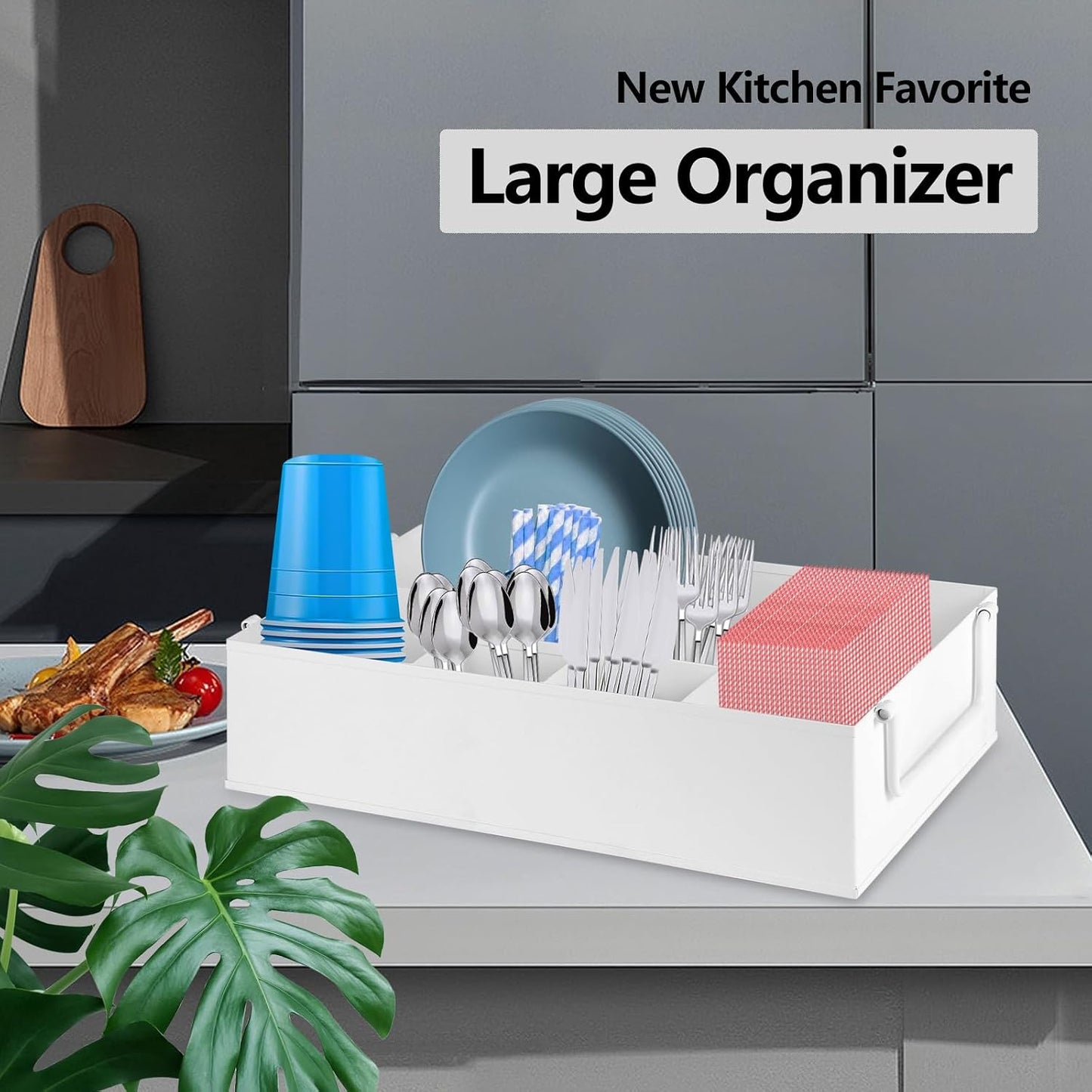 NelyBet Paper Plate Dispenser Holders Utensil Caddy for Countertop,Outdoor Silverware Caddy, Picnic and Camping Utensil Holder, Flatware Organize with Handle for Party Gatherings, Metal (Black)