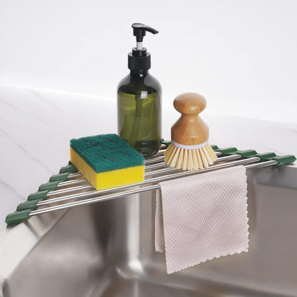 Tomorotec Foldable Stainless Steel Triangle Roll-Up Dish Drying Rack for Small Sink Corners - Over-The-Sink Multipurpose Kitchen Drainer, Rustproof Organizer, Trivet and Shelf - Space-Saving (Black)