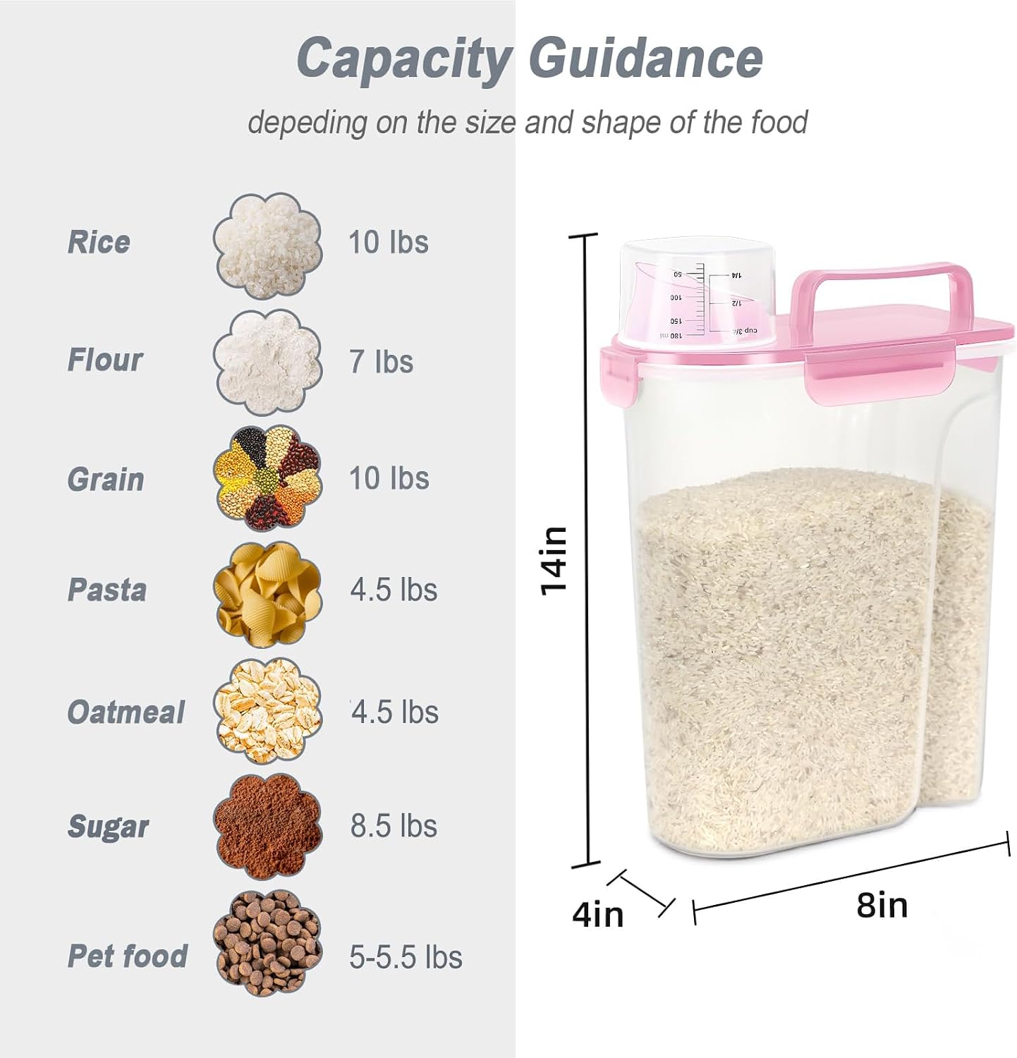 LEAWALK Airtight Rice Storage Container, 3-5Lbs Cereal Dry Food Flour Bin, Pet Dog Cat Food Dispenser with Measuring Cup, BPA Free Plastic Kitchen and Pantry Organization Bin for Sugar-Clear Grey