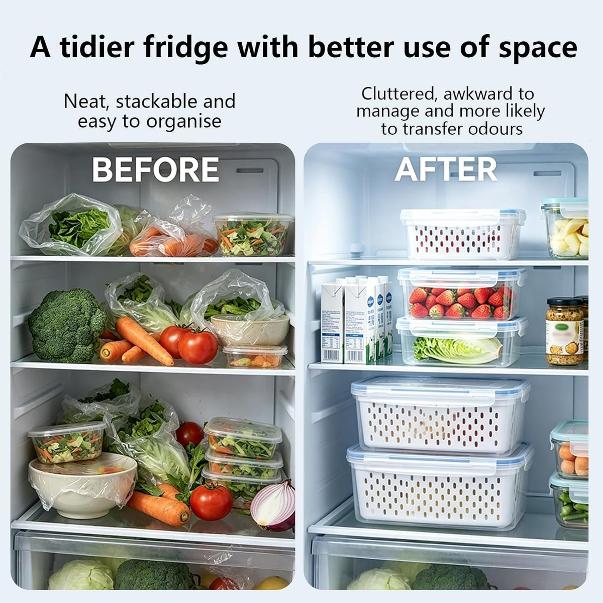 3 Pack Fruit Storage Containers for Fridge with Removable Colander and Lids