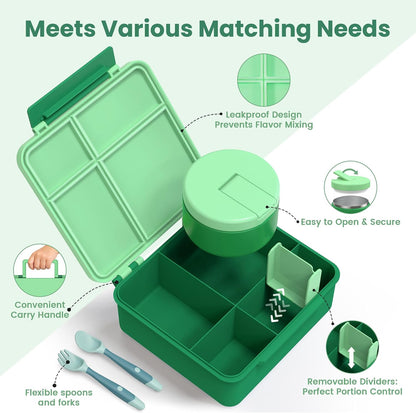 LOHASOK Bento Lunch Box Kids with 8oz Soup Thermo, Leak-Proof Lunch Containers with 4 Compartment, Thermo Hot Food Jar and Insulated Lunch Box for School Blue