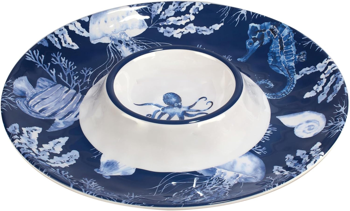 Sea Life Melamine 3-Piece Hostess Serving Set – Coastal Ocean-Themed Chip & Dip Bowl, 3-Section Relish Tray, and Rectangular Platter, Break-Resistant Nautical Tableware, Dishwasher Safe