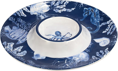Sea Life Melamine 3-Piece Hostess Serving Set – Coastal Ocean-Themed Chip & Dip Bowl, 3-Section Relish Tray, and Rectangular Platter, Break-Resistant Nautical Tableware, Dishwasher Safe