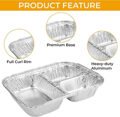 The Baker Celebrations 3 Compartment Aluminum Foil Trays with Lids [30] Pack - 20 oz Disposable Divided Meal Prep Containers - To Go TV Dinner Plates for Takeout & Freezer - Made in USA (8.5" x 6.5")