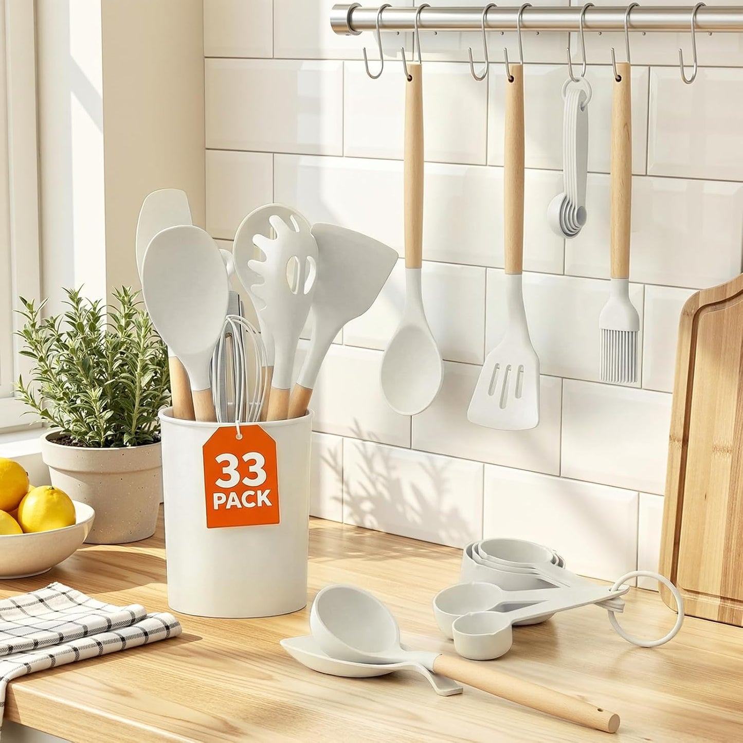 WISELIFE Kitchen Utensils Set - 33 PCS, Heat-Resistant Silicone Cooking Utensils Set with Wooden Handle, BPA-Free Kitchen Gadgets Spatula Sets with Holder for Nonstick Cookware (Black)